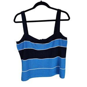 St. John Santana Knit Striped Tank Top L Blue‎ Navy Square Neck Designer Luxury
